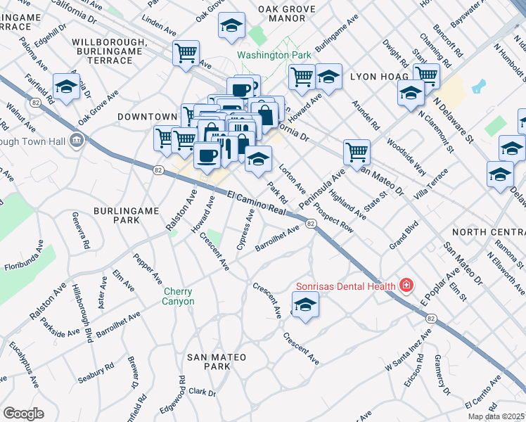 map of restaurants, bars, coffee shops, grocery stores, and more near 80 California 82 in Burlingame