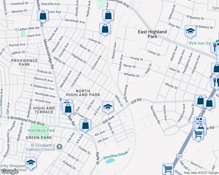 map of restaurants, bars, coffee shops, grocery stores, and more near 3402 3rd Avenue in Richmond