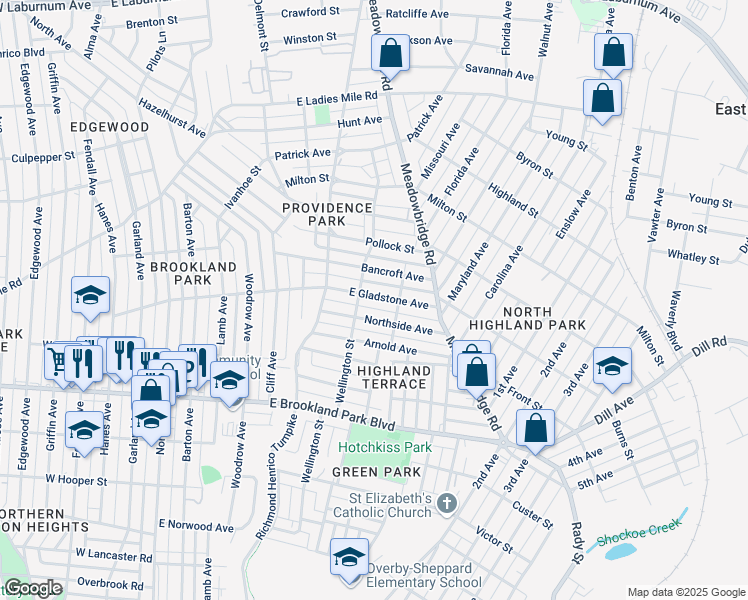 map of restaurants, bars, coffee shops, grocery stores, and more near 607 East Gladstone Avenue in Richmond