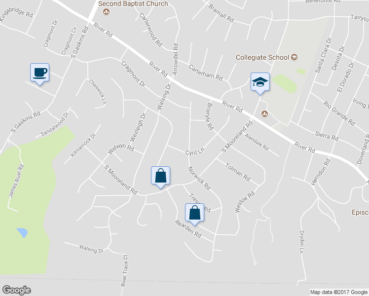 map of restaurants, bars, coffee shops, grocery stores, and more near 9009 Norwick Road in Richmond