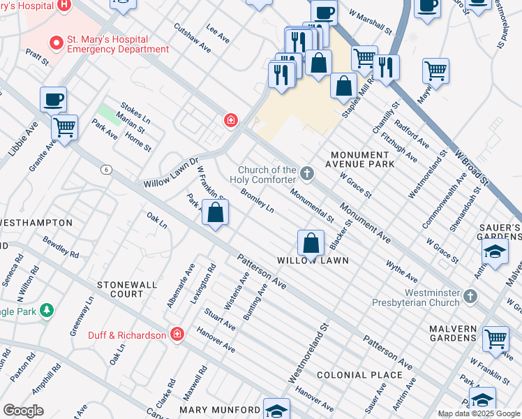 map of restaurants, bars, coffee shops, grocery stores, and more near 4925 Bromley Lane in Richmond