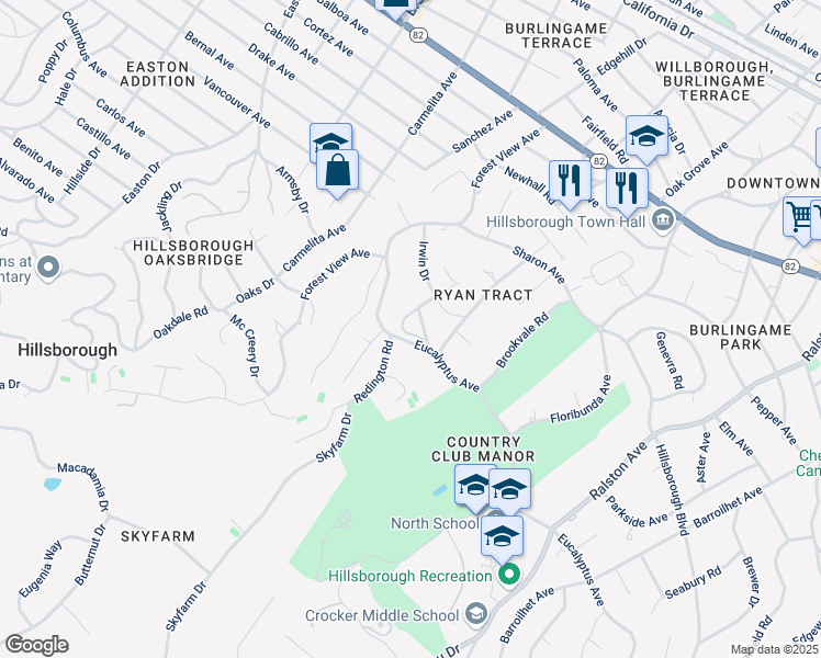 map of restaurants, bars, coffee shops, grocery stores, and more near 815 Irwin Court in Hillsborough