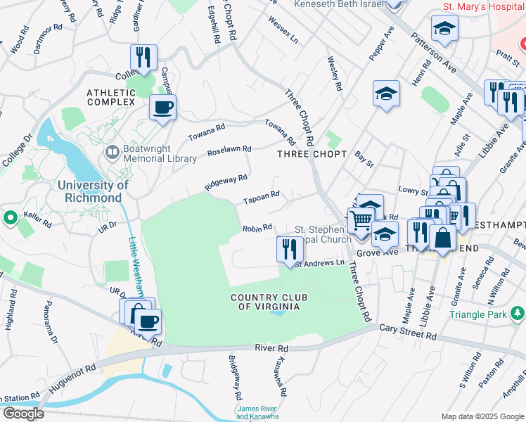 map of restaurants, bars, coffee shops, grocery stores, and more near 2 Spicer Road in Richmond