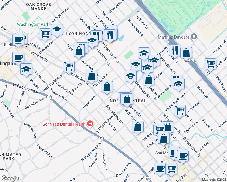 map of restaurants, bars, coffee shops, grocery stores, and more near 361 East Bellevue Avenue in San Mateo
