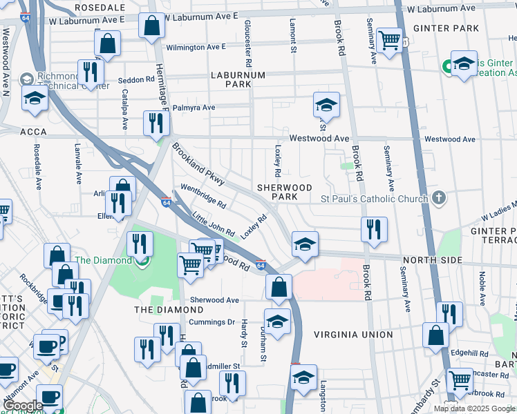 map of restaurants, bars, coffee shops, grocery stores, and more near 1405 Brookland Parkway in Richmond