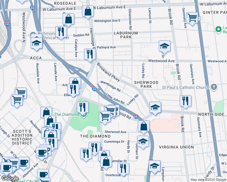 map of restaurants, bars, coffee shops, grocery stores, and more near 1509 Wentbridge Rd in Richmond