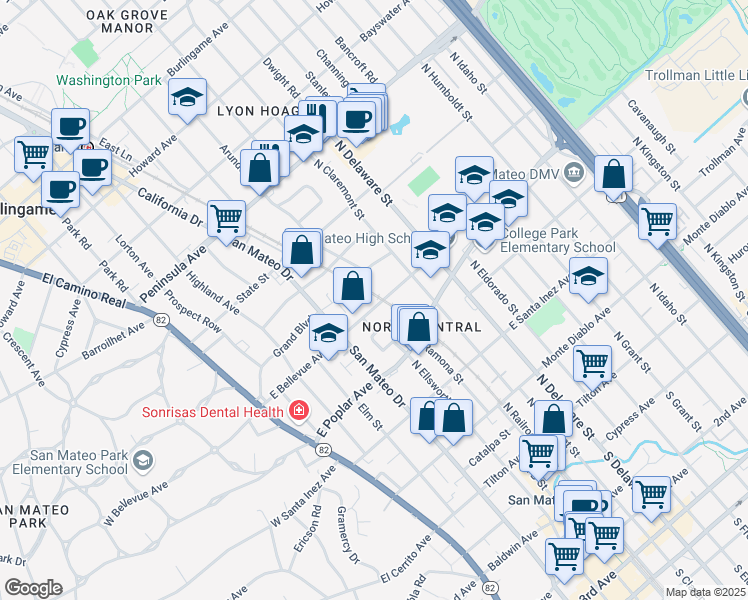 map of restaurants, bars, coffee shops, grocery stores, and more near 361 East Bellevue Avenue in San Mateo