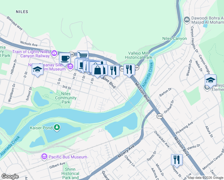 map of restaurants, bars, coffee shops, grocery stores, and more near 37978 2nd Street in Fremont