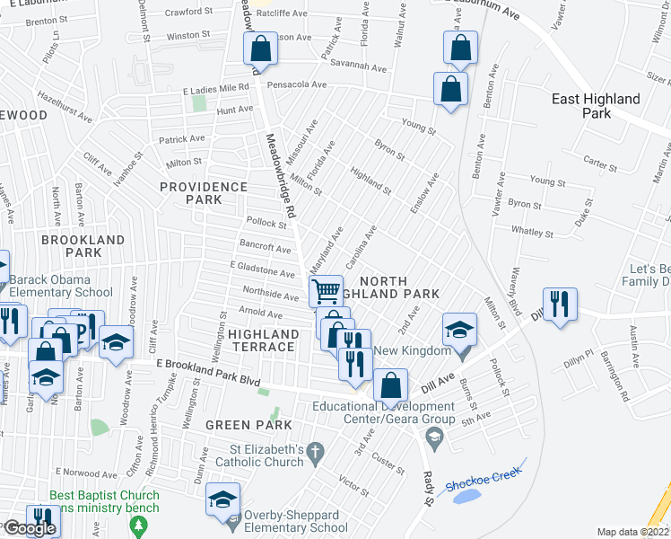 map of restaurants, bars, coffee shops, grocery stores, and more near 3217 Maryland Avenue in Richmond