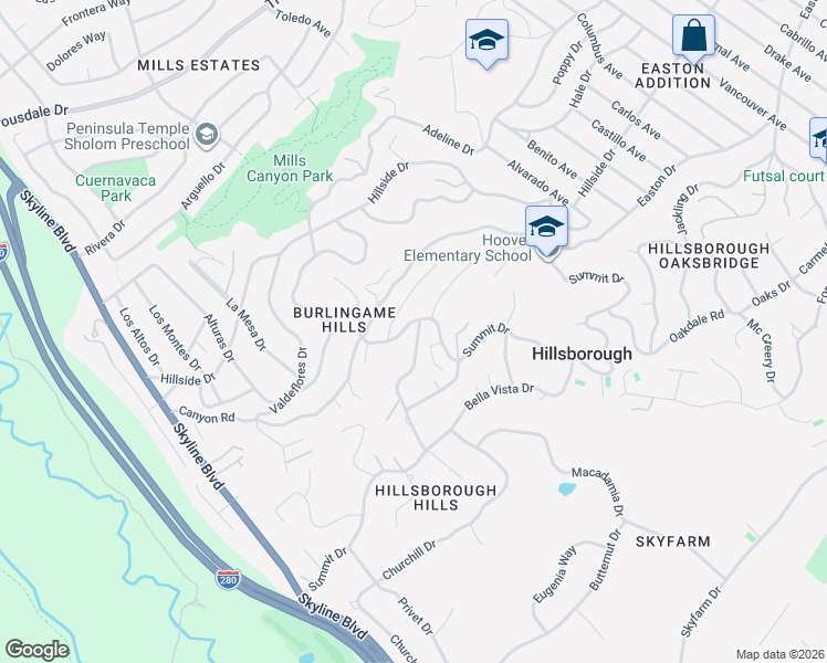 map of restaurants, bars, coffee shops, grocery stores, and more near 2704 Summit Drive in Hillsborough