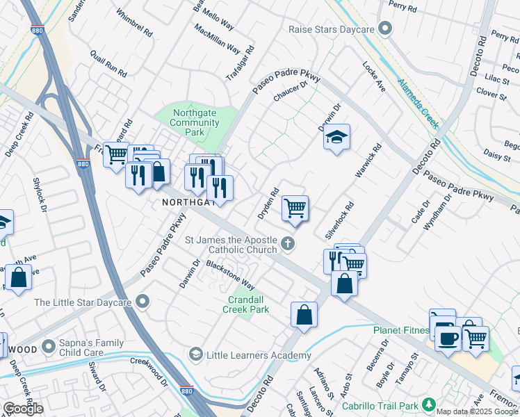 map of restaurants, bars, coffee shops, grocery stores, and more near 3871 Dryden Road in Fremont