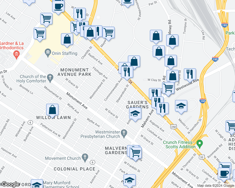map of restaurants, bars, coffee shops, grocery stores, and more near 4406 Augusta Avenue in Richmond