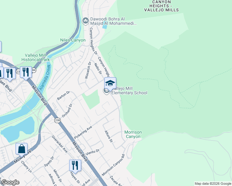 map of restaurants, bars, coffee shops, grocery stores, and more near 38600 Canyon Heights Drive in Fremont