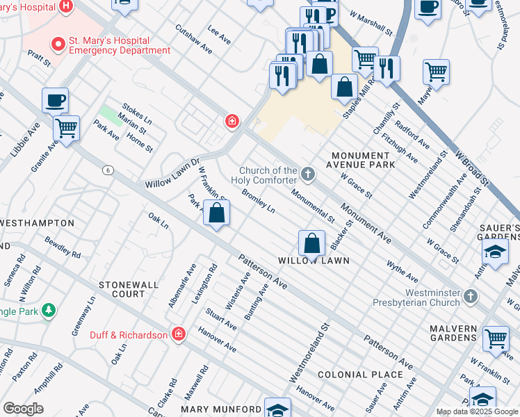 map of restaurants, bars, coffee shops, grocery stores, and more near 4927 Bromley Lane in Richmond