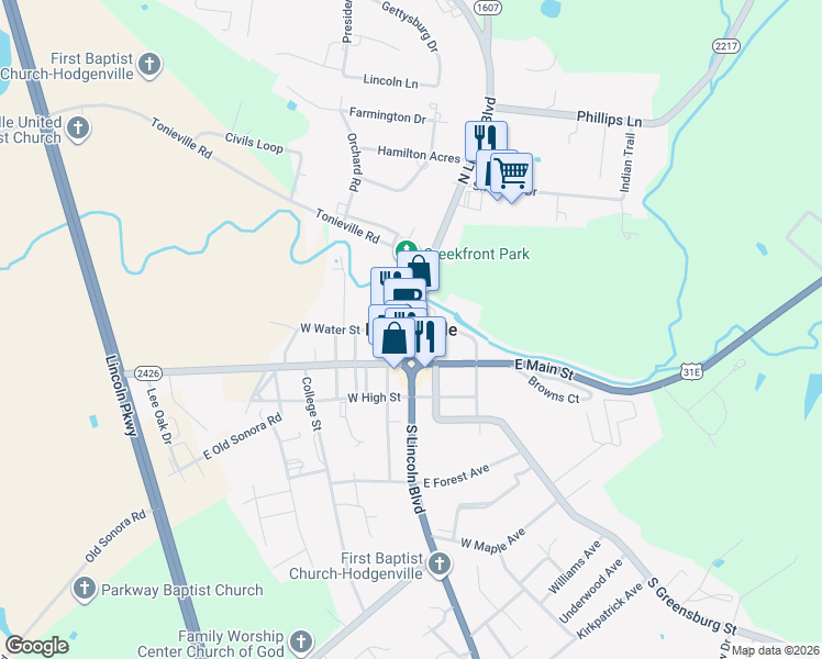 map of restaurants, bars, coffee shops, grocery stores, and more near in Hodgenville