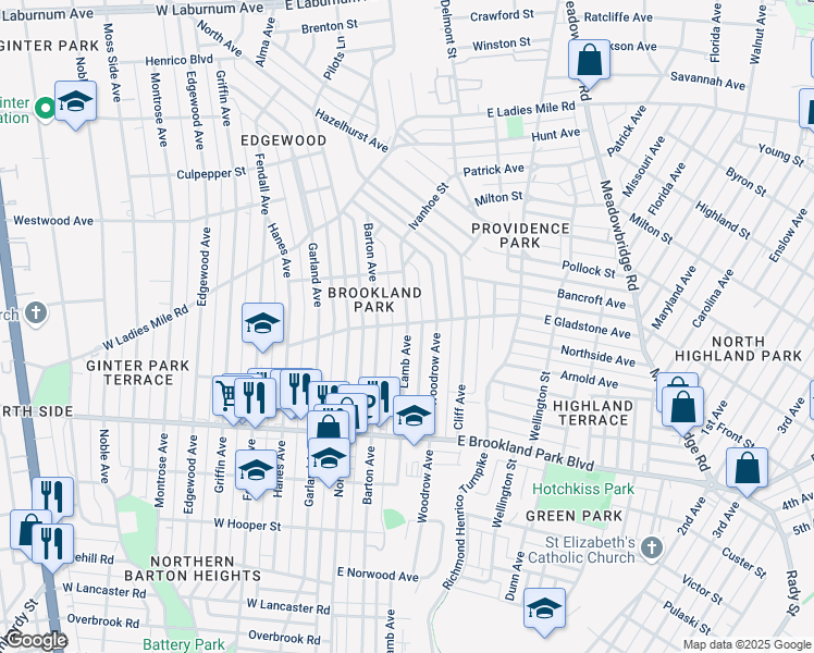 map of restaurants, bars, coffee shops, grocery stores, and more near 3163 Lamb Avenue in Richmond