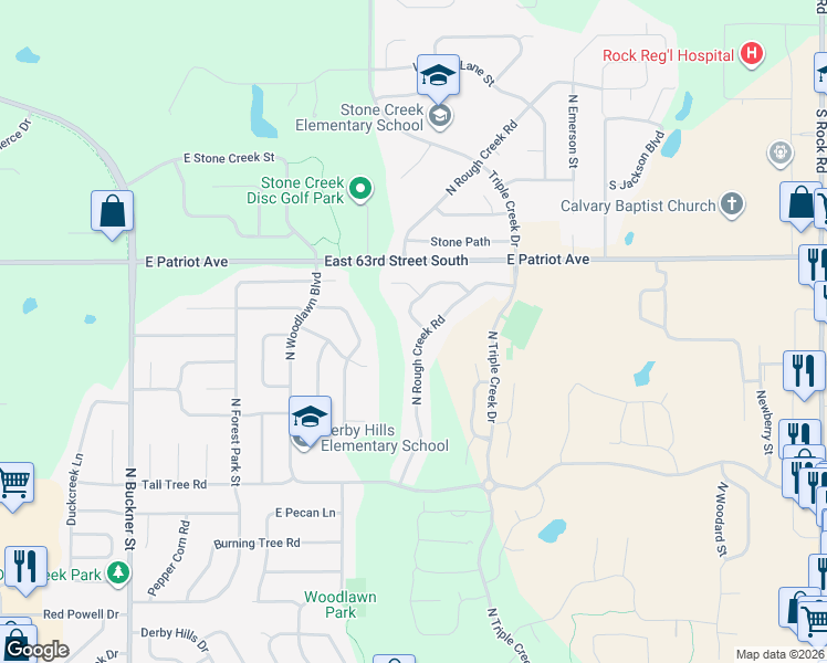 map of restaurants, bars, coffee shops, grocery stores, and more near 2601 North Rough Creek Road in Derby