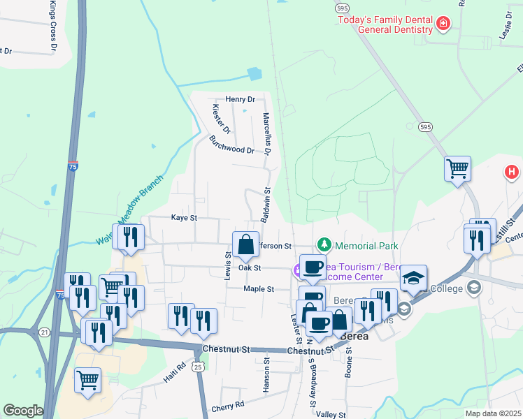 map of restaurants, bars, coffee shops, grocery stores, and more near 140 Baldwin Street in Berea