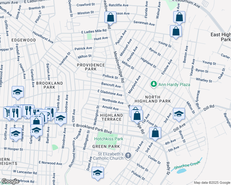 map of restaurants, bars, coffee shops, grocery stores, and more near 704 East Gladstone Avenue in Richmond