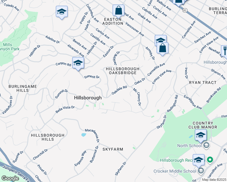 map of restaurants, bars, coffee shops, grocery stores, and more near 2318 Oakdale Road in Hillsborough