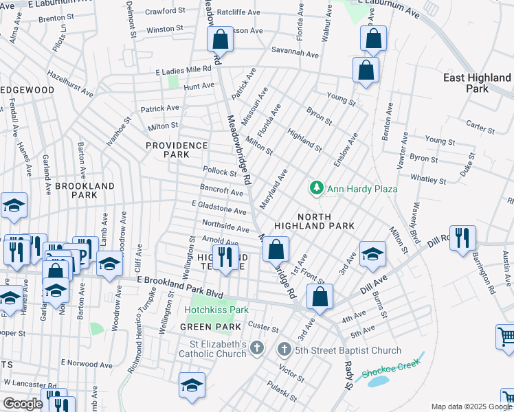 map of restaurants, bars, coffee shops, grocery stores, and more near 800 Burns Street in Richmond