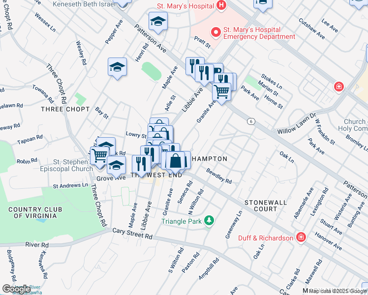 map of restaurants, bars, coffee shops, grocery stores, and more near 325 Granite Avenue in Richmond
