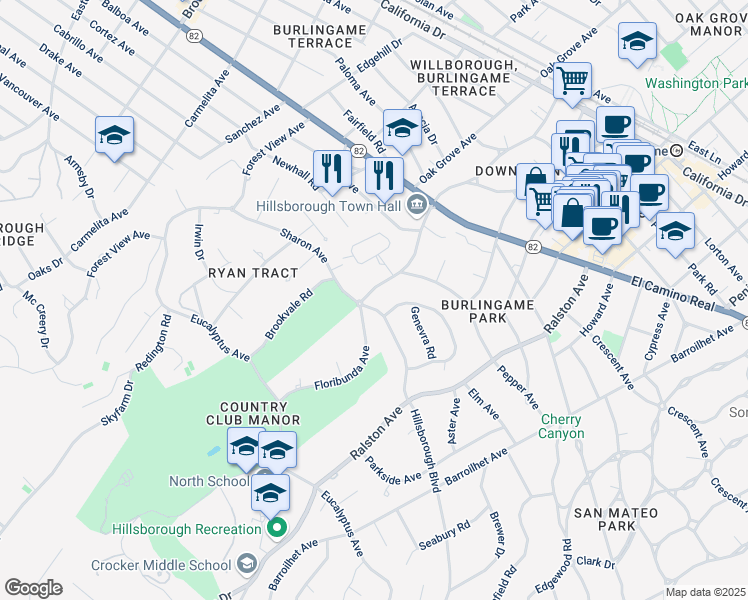 map of restaurants, bars, coffee shops, grocery stores, and more near 1775 Floribunda Avenue in Hillsborough