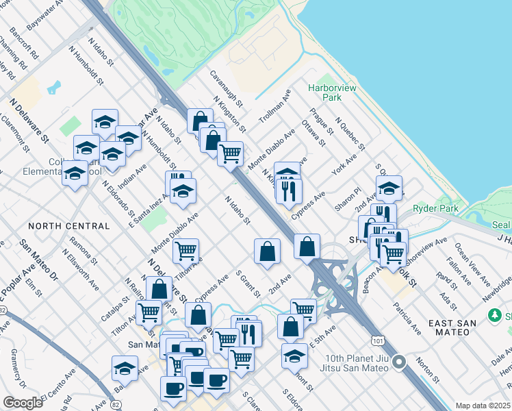 map of restaurants, bars, coffee shops, grocery stores, and more near 111 North Amphlett Boulevard in San Mateo