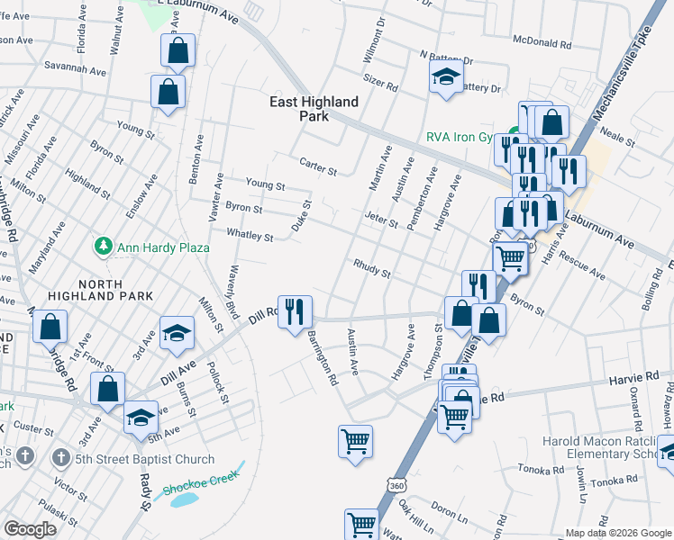 map of restaurants, bars, coffee shops, grocery stores, and more near 3404 Martin Avenue in Richmond