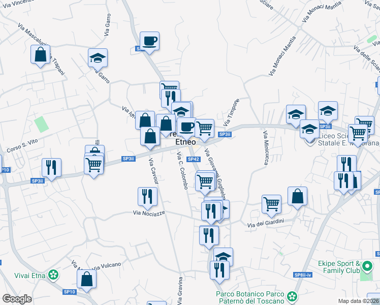 map of restaurants, bars, coffee shops, grocery stores, and more near 249 Via Etnea in Tremestieri Etneo