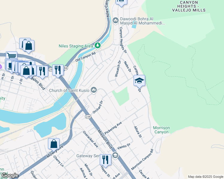 map of restaurants, bars, coffee shops, grocery stores, and more near 568 Orangewood Drive in Fremont