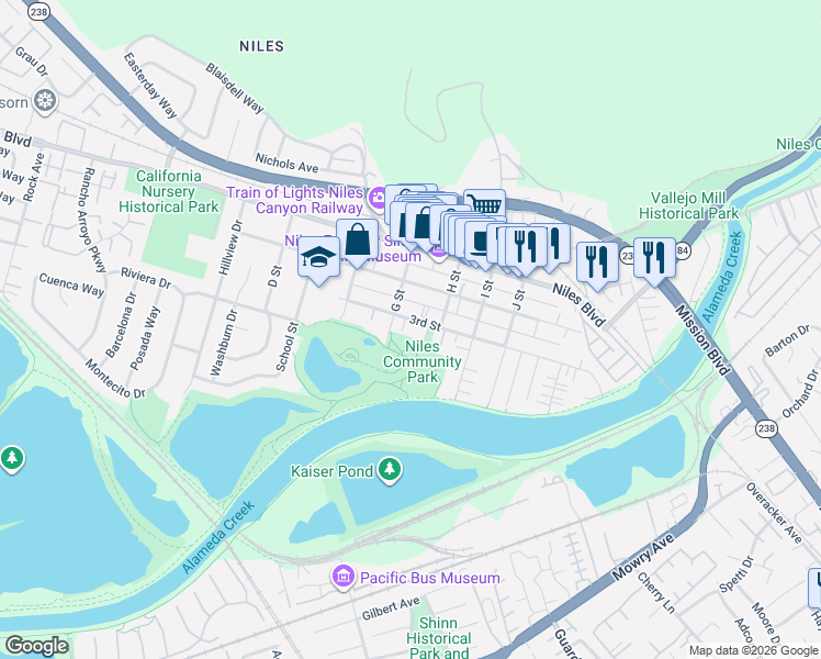 map of restaurants, bars, coffee shops, grocery stores, and more near 37551 3rd Street in Fremont