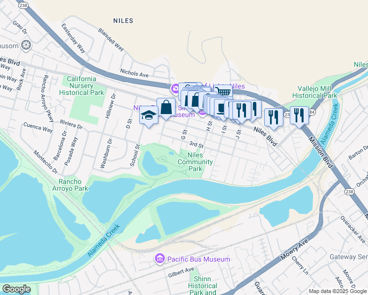 map of restaurants, bars, coffee shops, grocery stores, and more near 37551 3rd Street in Fremont