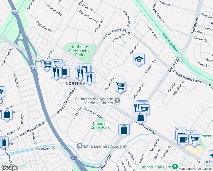 map of restaurants, bars, coffee shops, grocery stores, and more near 3871 Dryden Road in Fremont