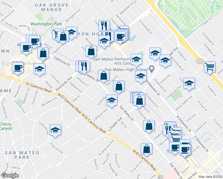 map of restaurants, bars, coffee shops, grocery stores, and more near 329 Grand Boulevard in San Mateo