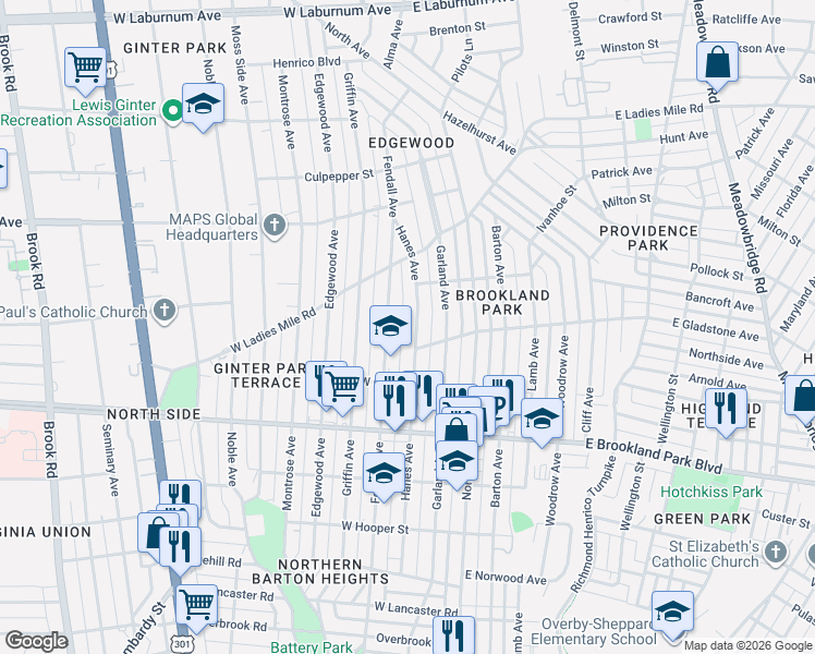 map of restaurants, bars, coffee shops, grocery stores, and more near 3215 Hanes Avenue in Richmond