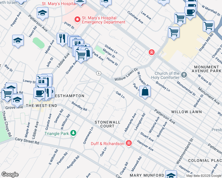 map of restaurants, bars, coffee shops, grocery stores, and more near 328 Greenway Lane in Richmond