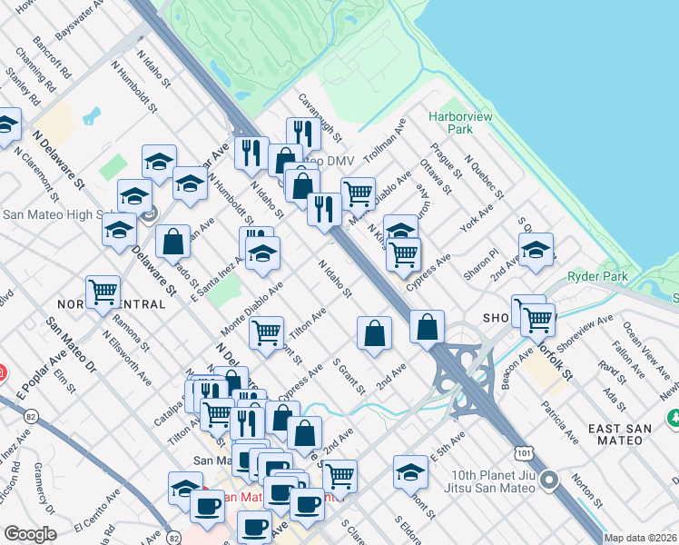 map of restaurants, bars, coffee shops, grocery stores, and more near 124 South Idaho Street in San Mateo
