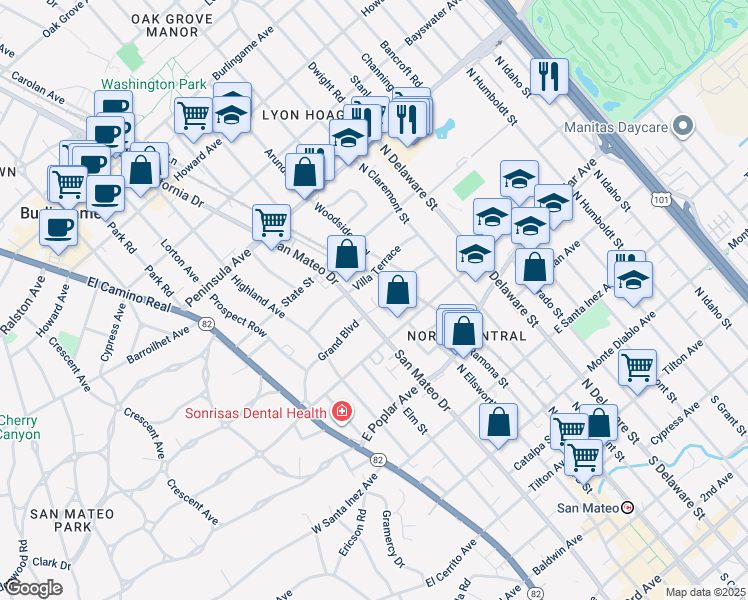 map of restaurants, bars, coffee shops, grocery stores, and more near 315 Grand Boulevard in San Mateo