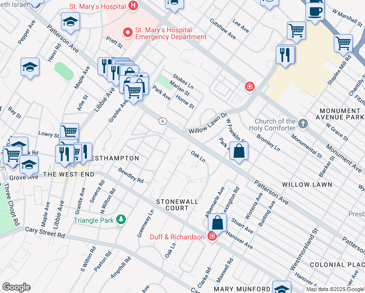 map of restaurants, bars, coffee shops, grocery stores, and more near 328 Greenway Lane in Richmond
