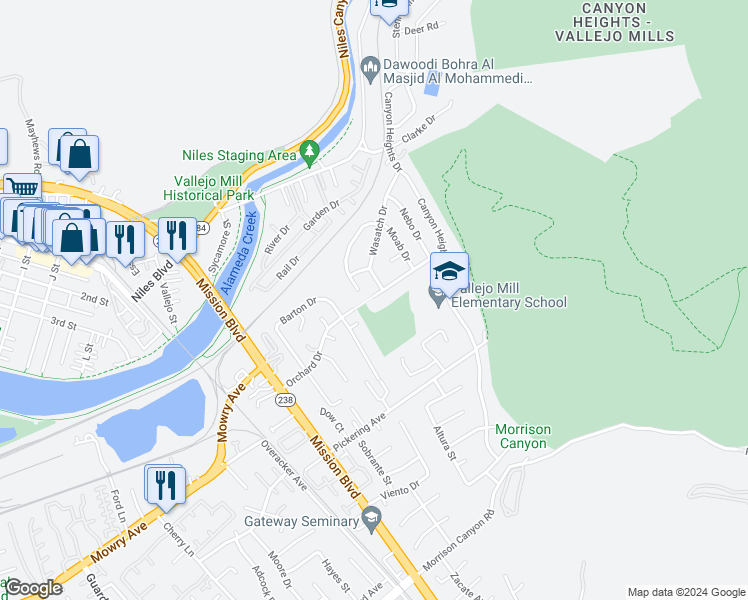 map of restaurants, bars, coffee shops, grocery stores, and more near 568 Orangewood Drive in Fremont