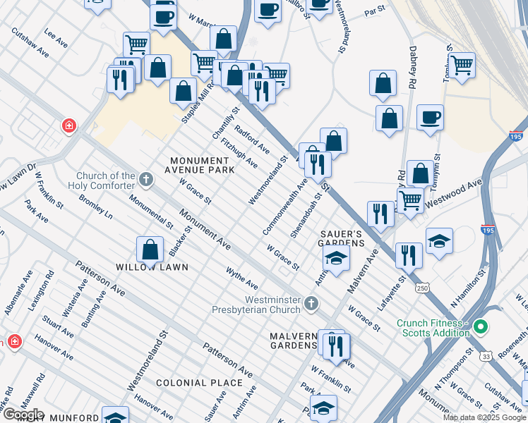 map of restaurants, bars, coffee shops, grocery stores, and more near 4508 Cutshaw Avenue in Richmond