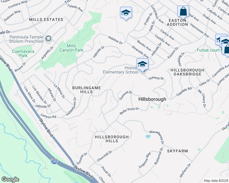 map of restaurants, bars, coffee shops, grocery stores, and more near 2684 Summit Drive in Hillsborough