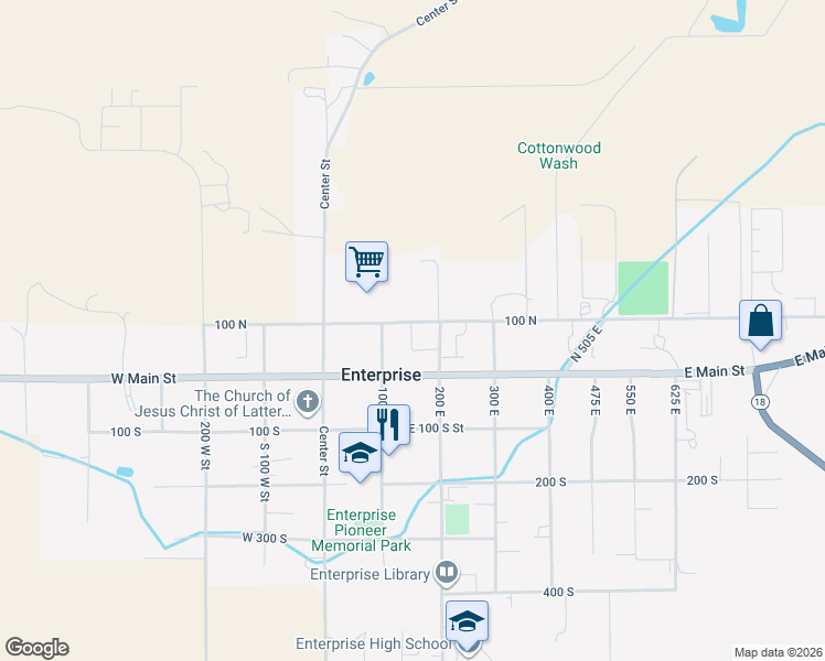 map of restaurants, bars, coffee shops, grocery stores, and more near 170 East 100 South Street in Enterprise