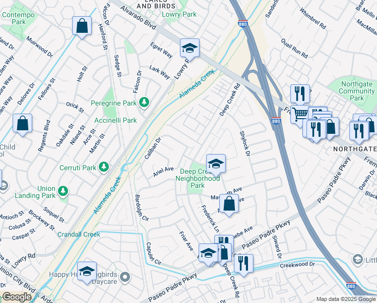 map of restaurants, bars, coffee shops, grocery stores, and more near 4486 Ariel Avenue in Fremont