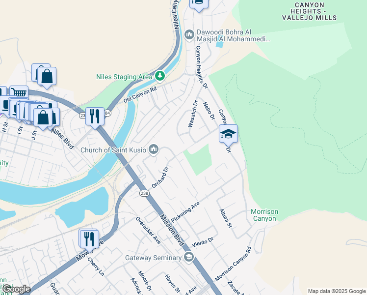 map of restaurants, bars, coffee shops, grocery stores, and more near 568 Orangewood Drive in Fremont