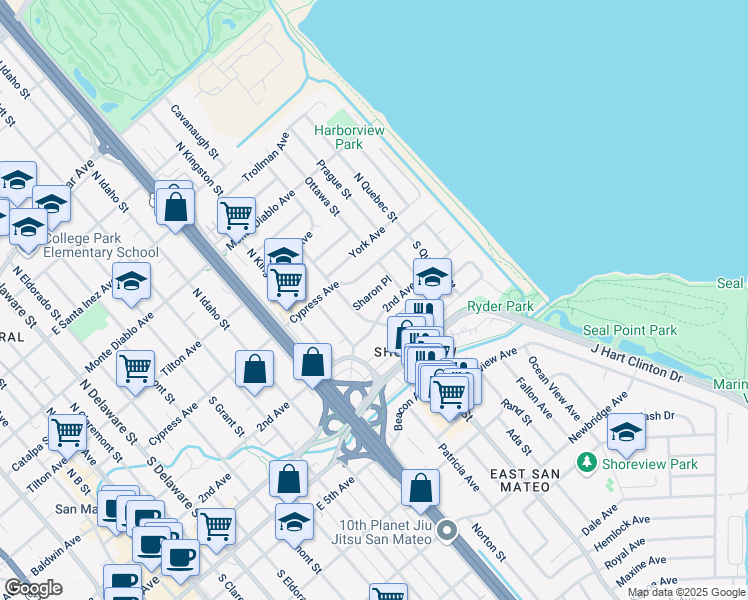 map of restaurants, bars, coffee shops, grocery stores, and more near 1520 Sharon Place in San Mateo