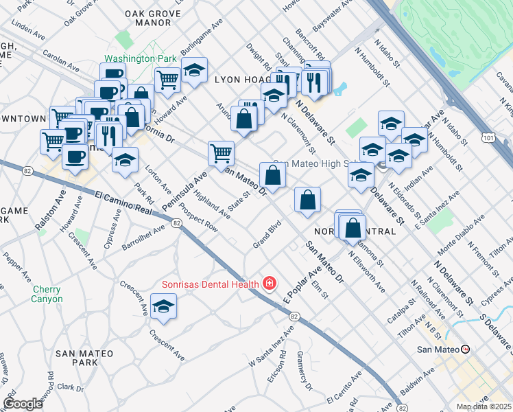 map of restaurants, bars, coffee shops, grocery stores, and more near 239 Villa Terrace in San Mateo