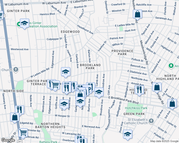 map of restaurants, bars, coffee shops, grocery stores, and more near 3200 Barton Avenue in Richmond