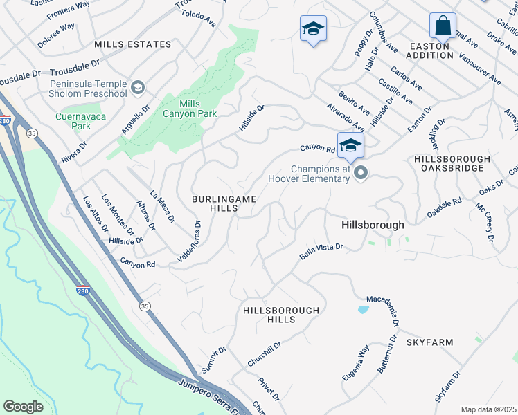map of restaurants, bars, coffee shops, grocery stores, and more near 2709 El Prado Road in Burlingame